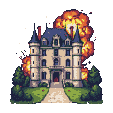 A chateau with blue roofs engulfed in a fiery explosion, windows glowing orange and yellow. Green trees flank the building, and a path with red leaves leads to the entrance.