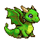 Small green dragon sitting with wings slightly spread, large purple eyes, and a gentle smile.