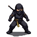 Ninja in dark hooded attire, sword sheathed on back, in a low ready stance.