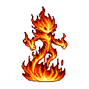 A humanoid fire elemental with outstretched arms, composed of flickering orange, yellow, and red flames, against a black background.