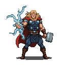 Muscular figure with blond hair, intense gaze, and crackling electric energy from his outstretched hand. He wears a blue and silver costume with a red cape and holds Mjolnir.