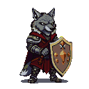 Wolf-headed paladin in ornate pixelated armor and crimson cape, holding a shield with a golden diamond emblem.
