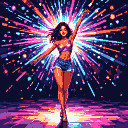 Young woman with dark hair dancing joyfully, arms outstretched, wearing a sparkling crop top and denim shorts. Vibrant pink, blue, and orange light explodes behind her, with a shimmering pixelated floor.