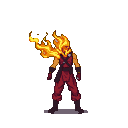 Figure in a red suit engulfed in pixelated flames.