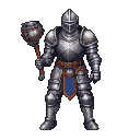 Knight in full plate armor holding a spiked mace, wearing a blue tabard with orange trim.