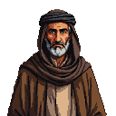 Pixel Art: An afghan man wearing brown cloak black kefffiyah walking (generated with AI by Leifnos Troll).