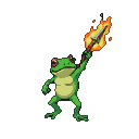 A determined frog with bright green skin and red-rimmed eyes triumphantly raises a flaming spear above its head against a dark background.