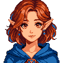 Young elf with auburn hair, large brown eyes, and pointed ears wearing blue star earrings and a dark blue hooded cloak.