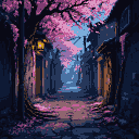 Narrow, atmospheric alleyway with overhanging pink cherry blossom branches and scattered petals on a cobblestone path. Building walls are textured with dark roots. A dim streetlight illuminates the scene under a twilight sky of deep blues and purples.