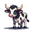 Stylized black and white spotted cow with large blue eyes, pink snout, and golden-tipped horns, tilted slightly.
