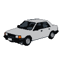 A white, boxy sedan with pixelated details, shown in side profile.