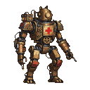 Steampunk medic mech with brass plating, gears, rivets, and a red cross emblem on its chest.
