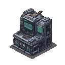 A complex, imposing isometric nuclear computer machine with grey and dark metallic components, prominent screens displaying vibrant green text, exposed wires, and subtle orange accents.