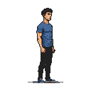 Young man in blue t-shirt and dark pants, side profile, neutral expression, pixel art style.