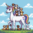 Pixel Art: generate a unicorn with 23 dogs sitting on top of it upside ...