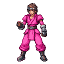 A determined fighter in a vibrant pink gi, brown hair, and dark headband, wearing metallic gauntlets and boots, poised for combat.