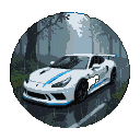 White sports car with blue racing stripes on a wet, misty forest road.