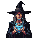 A witch with long dark hair and a pointed hat holds a glowing blue mana potion.