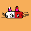 Split-colored cat face, white on the left and red on the right, with large expressive eyes and pink ears, on a peachy-orange background.