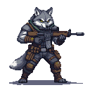 Anthropomorphic wolf operative in tactical gear, holding a rifle, with yellow eyes and a green scarf.