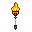 A detailed, ornate torch with a vibrant, flickering yellow and orange flame against a black background.