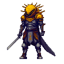 Warrior in dark metallic armor with a radiant sun-like helmet, holding a silver sword.