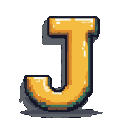 Bold, golden letter "J" with metallic highlights and a dark gray shadow.