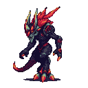 A reptilian creature with dark, armored skin, glowing red and orange highlights, sharp horns, a fiery mane, taloned feet, and a spiked tail.