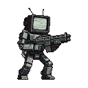 Armored robot with a vintage television for a head, holding a futuristic rifle.