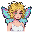 Young pixie with butterfly-like wings, blonde hair, green eyes, freckles, and rosy cheeks, wearing a white top.