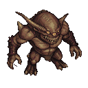 A hunched cyclops with mottled brown skin, leather bracers, sharp horns, and a toothy grin. Its single yellow eye glows menacingly.