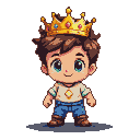 Young boy wearing a golden crown, white shirt with diamond emblem, and blue trousers, standing with a gentle smile and blue eyes.