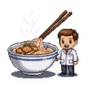 Pixel Art: Please help me generate a pixel image of beef rice noodles (a kind of Chinese delicacy). Next to the bowl is a pixel figure of an oral doctor, not any living animal (such as a cow). (generated with AI by Falraine).