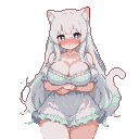 Pixel Art: cute 18-year-old neko girl, very long flowing white hair, fl...