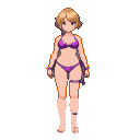 Young woman with short blonde hair and purple eyes, wearing a purple bikini with garters.