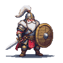 Pixel Art: 一位西方的古老守卫新兵，手中持着简易的铜制盾牌，另一只手持着短剑，身上的盔甲较为简陋 (generated with AI by Lengjing).
