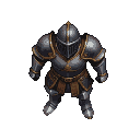A knight in dark plate armor with gold trim, viewed from a high isometric angle.