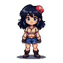 Young girl with dark wavy hair, a red mushroom accessory, blue eyes, and a wide smile. She wears a light crop top, denim shorts, and brown boots and gloves.