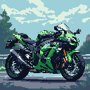 Vibrant green Kawasaki Ninja H2R motorcycle in side profile on asphalt, with blurred trees and cloudy sky background.