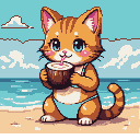 Ginger-striped cat in a blue bikini sips a coconut drink on a sandy beach with a pixelated ocean and sky background.