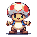 A cheerful toad wearing a red and white spotted cap and a blue vest, with glowing teal eyes and a wide smile.