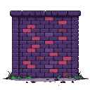 A weathered, shadowed wall of dark purple bricks stands as a stoic guardian, its ancient presence marked by sparse grass pushing through cracked paving stones.