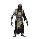 A gaunt, decaying zombie priest in tattered pale robes with purple straps, limbs thin and contorted, stands against a black background.