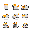 Nine white cats with orange markings in various poses, some holding small objects.