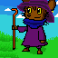 A small, stylized bear-like character in a purple robe and pointed hat holds an orange staff in a grassy field under a blue sky with clouds.