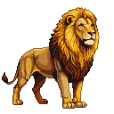 A majestic lion with a flowing golden mane stands with quiet strength.