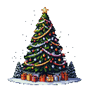 A Christmas tree decorated with tinsel, colorful baubles, and a star, surrounded by snowflakes, with wrapped presents at its base.