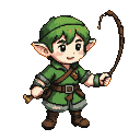 Young elf with pointed ears, wearing a green tunic and brown boots, holds a slingshot.
