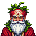 Stylized Santa Claus portrait with a strawberry crown, white beard, and green leaf adornments against a black background.