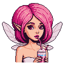 Whimsical pixie with pink hair and translucent wings drinking a milkshake.